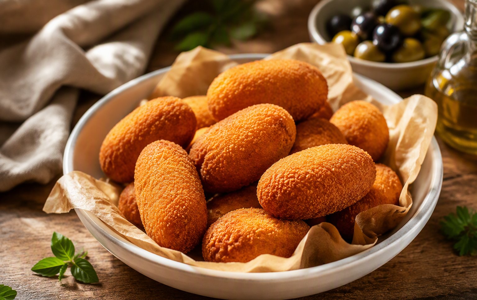 I supplì e le crocchette dorate nel cestino