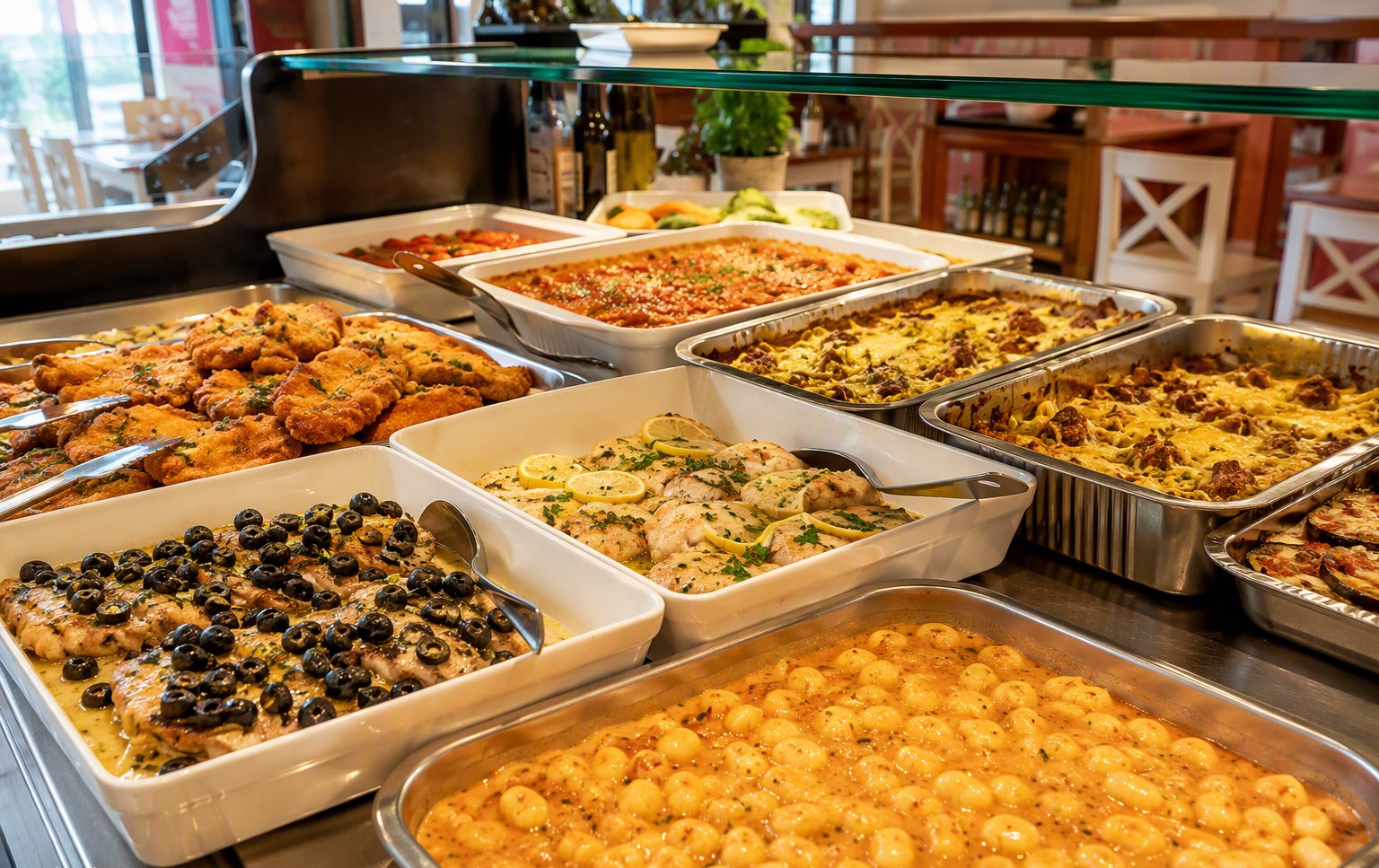 Il banco del giorno con gnocchi, arrosti e teglie di verdure